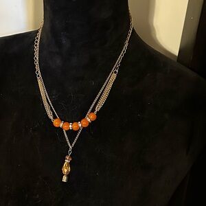 Necklace - gold tone with orange beads - multi strand